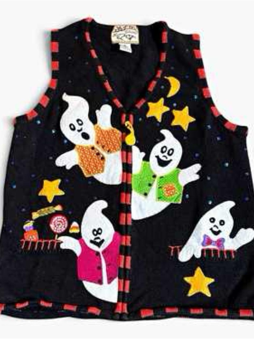 Vintage Heirloom Collectibles Halloween Cute Ghosts Knit Vest Candy Moon Stars M